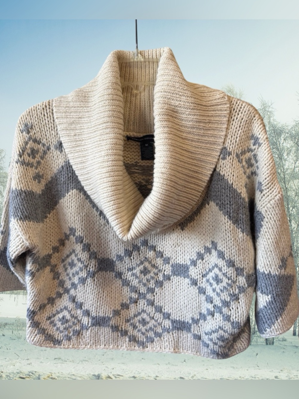 French Connection Fair Isle Cowl Neck Chunky Sweater Cream Gray Size M